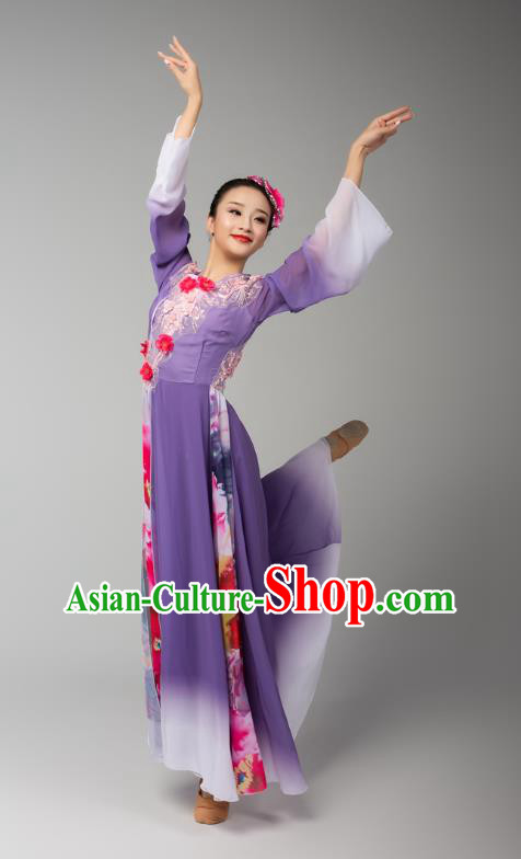 Chinese Umbrella Dance Violet Dress Traditional Fan Dance Performance Costumes Classical Dance Clothing