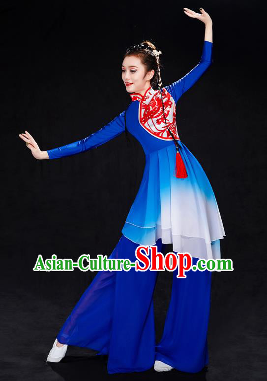 China Folk Dance Drum Dance Costume Yangko Dance Royalblue Uniforms Fan Dance Stage Performance Clothing