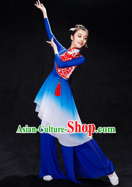 China Folk Dance Drum Dance Costume Yangko Dance Royalblue Uniforms Fan Dance Stage Performance Clothing