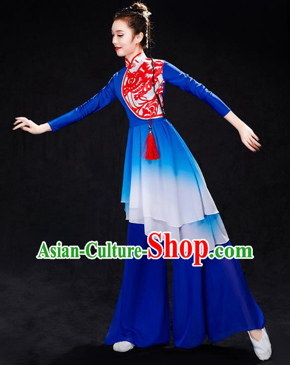China Folk Dance Drum Dance Costume Yangko Dance Royalblue Uniforms Fan Dance Stage Performance Clothing