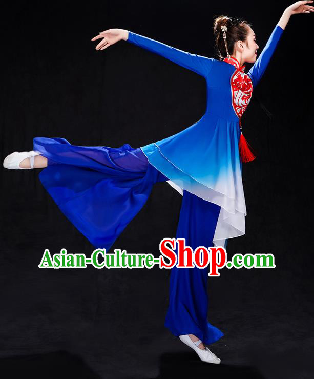 China Folk Dance Drum Dance Costume Yangko Dance Royalblue Uniforms Fan Dance Stage Performance Clothing