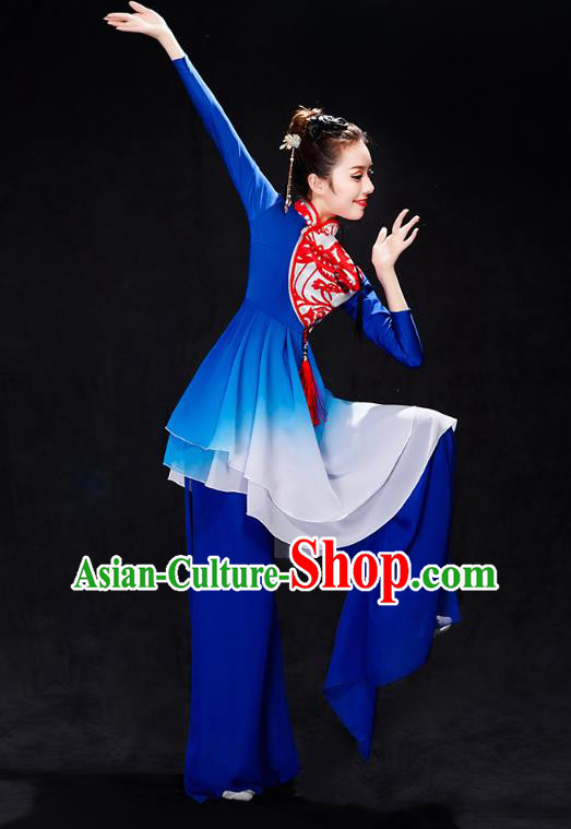 China Folk Dance Drum Dance Costume Yangko Dance Royalblue Uniforms Fan Dance Stage Performance Clothing