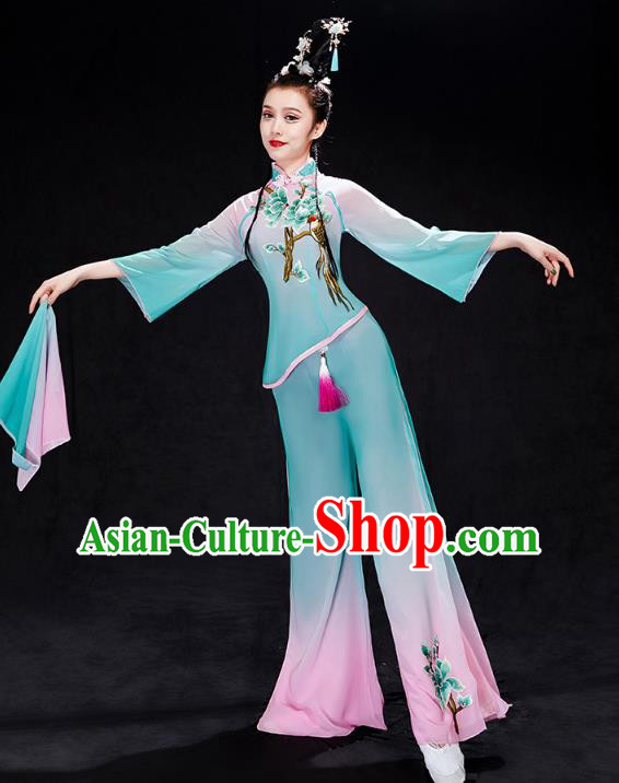 China Fan Dance Clothing Folk Dance Solo Dance Costume Yangko Dance Blue Uniforms
