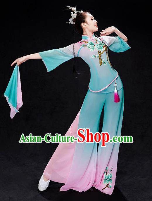 China Fan Dance Clothing Folk Dance Solo Dance Costume Yangko Dance Blue Uniforms