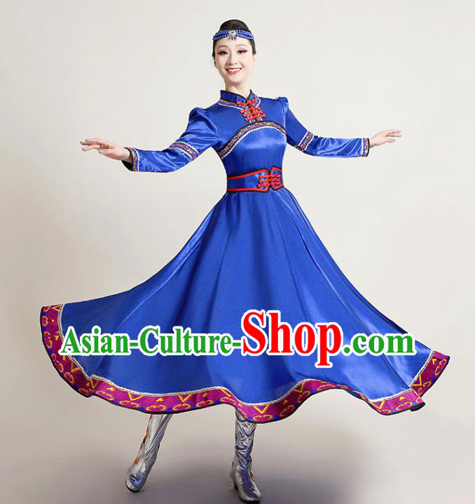 Chinese Traditional Mongol Nationality Royalblue Dress Mongolian Ethnic Folk Dance Costume