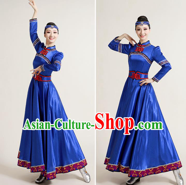 Chinese Traditional Mongol Nationality Royalblue Dress Mongolian Ethnic Folk Dance Costume