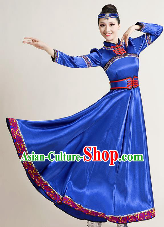 Chinese Traditional Mongol Nationality Royalblue Dress Mongolian Ethnic Folk Dance Costume