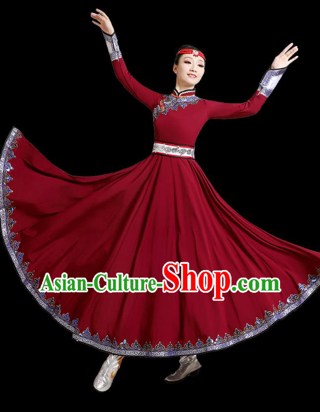 Chinese Mongolian Dance Wine Red Dress Traditional Mongol Nationality Outfits Ethnic Folk Dance Costume