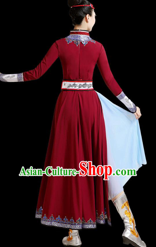 Chinese Mongolian Dance Wine Red Dress Traditional Mongol Nationality Outfits Ethnic Folk Dance Costume