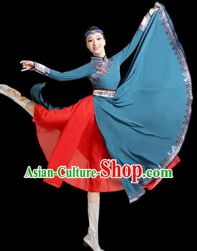 Chinese Ethnic Folk Dance Costume  Mongolian Dance Blue Dress Traditional Mongol Nationality Outfits