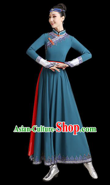 Chinese Ethnic Folk Dance Costume  Mongolian Dance Blue Dress Traditional Mongol Nationality Outfits