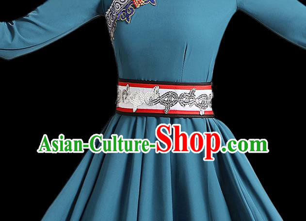 Chinese Ethnic Folk Dance Costume  Mongolian Dance Blue Dress Traditional Mongol Nationality Outfits