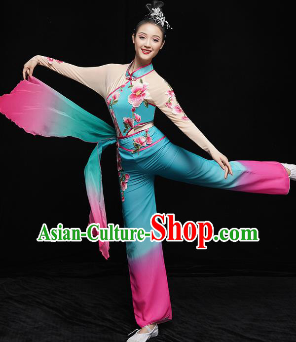 China Folk Dance Fan Dance Costume Yangko Dance Blue Uniforms Group Dance Performance Clothing