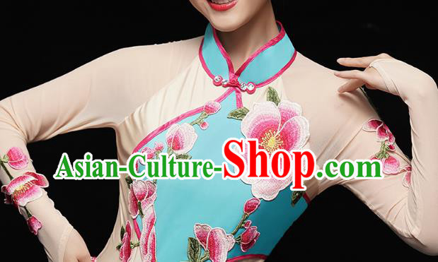 China Folk Dance Fan Dance Costume Yangko Dance Blue Uniforms Group Dance Performance Clothing