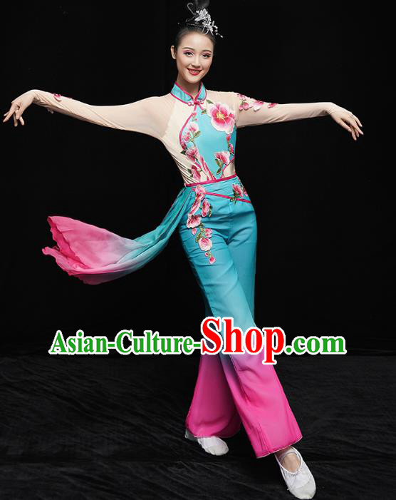 China Folk Dance Fan Dance Costume Yangko Dance Blue Uniforms Group Dance Performance Clothing