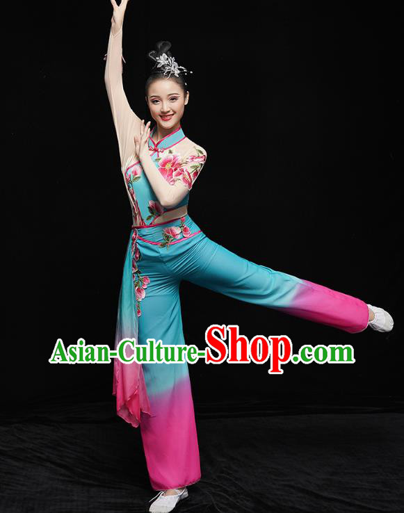 China Folk Dance Fan Dance Costume Yangko Dance Blue Uniforms Group Dance Performance Clothing