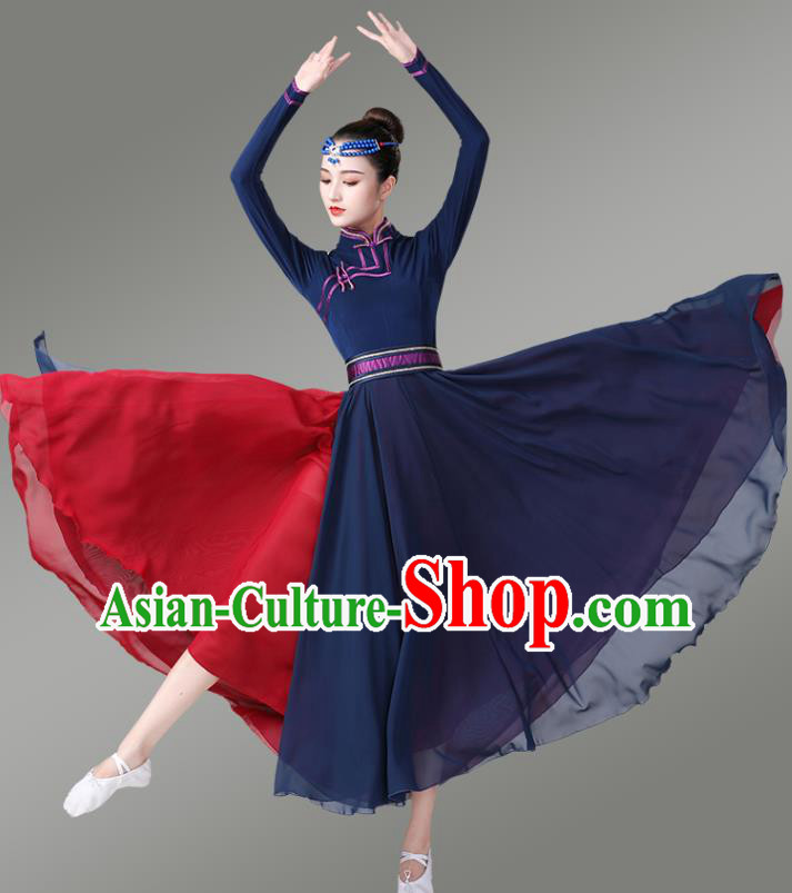 Chinese Traditional Mongol Nationality Dance Navy Dress Mongolian Ethnic Stage Performance Costume