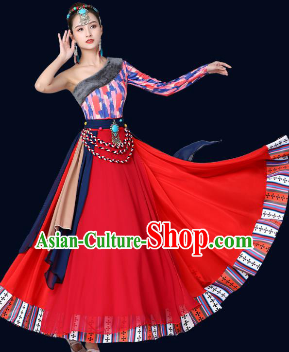 Chinese Traditional Tibetan Nationality Red Dress Xizang Zang Ethnic Folk Dance Costume