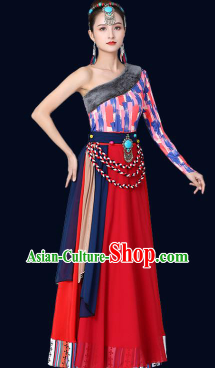 Chinese Traditional Tibetan Nationality Red Dress Xizang Zang Ethnic Folk Dance Costume