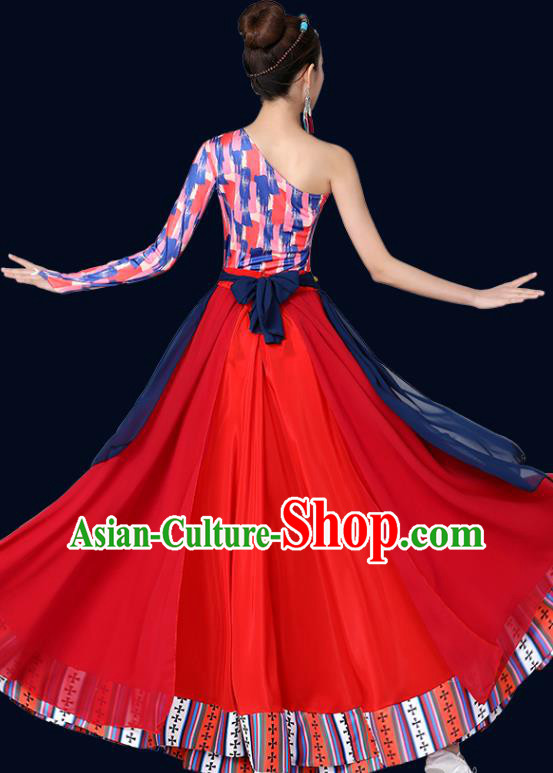 Chinese Traditional Tibetan Nationality Red Dress Xizang Zang Ethnic Folk Dance Costume