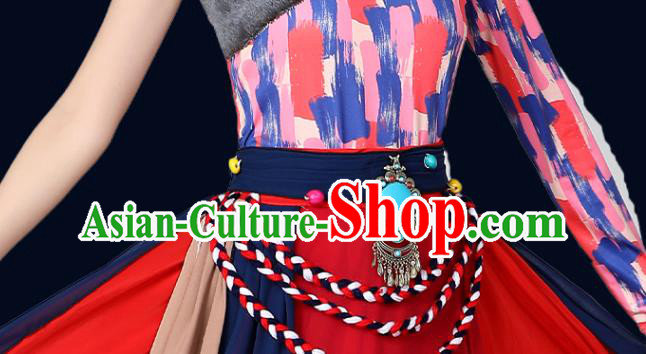Chinese Traditional Tibetan Nationality Red Dress Xizang Zang Ethnic Folk Dance Costume