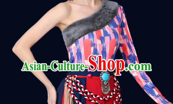 Chinese Traditional Tibetan Nationality Red Dress Xizang Zang Ethnic Folk Dance Costume