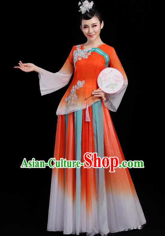 Chinese Traditional Umbrella Dance Clothing Classical Dance Costumes Opening Dance Orange Dress