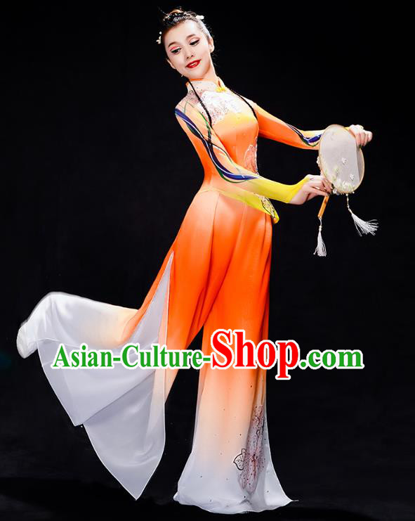 Chinese Classical Dance Costumes Woman Fan Dance Orange Outfits Traditional Umbrella Dance Clothing