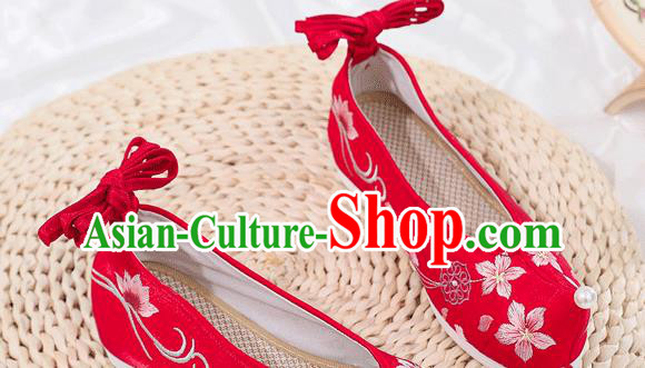China National Red Shoes Traditional Wedding Princess Bow Shoes Embroidered Plum Blossom Shoes