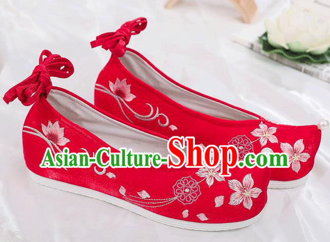 China National Red Shoes Traditional Wedding Princess Bow Shoes Embroidered Plum Blossom Shoes