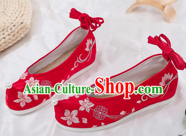 China National Red Shoes Traditional Wedding Princess Bow Shoes Embroidered Plum Blossom Shoes
