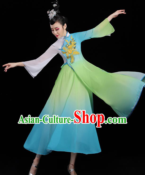 Chinese Umbrella Dance Blue Dress Traditional Fan Dance Clothing Classical Dance Costumes