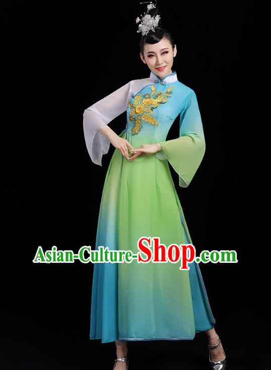 Chinese Umbrella Dance Blue Dress Traditional Fan Dance Clothing Classical Dance Costumes