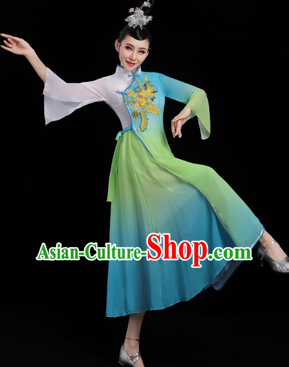Chinese Umbrella Dance Blue Dress Traditional Fan Dance Clothing Classical Dance Costumes