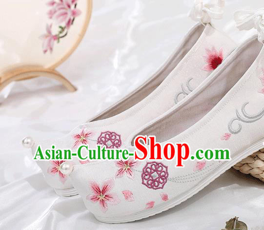 China Embroidered Shoes Ancient Princess White Cloth Shoes Traditional Hanfu Bow Shoes
