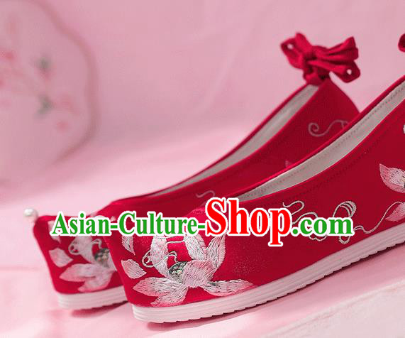 China Embroidered Lotus Shoes Ancient Princess Red Cloth Shoes Traditional Hanfu Wedding Bow Shoes