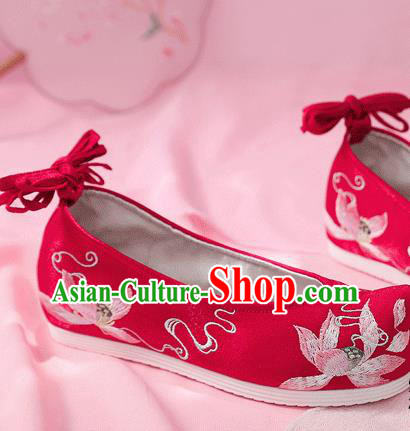 China Embroidered Lotus Shoes Ancient Princess Red Cloth Shoes Traditional Hanfu Wedding Bow Shoes