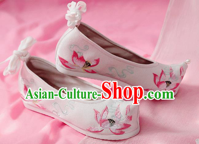 China Ancient Princess White Cloth Shoes Traditional Hanfu Bow Shoes Embroidered Lotus Shoes
