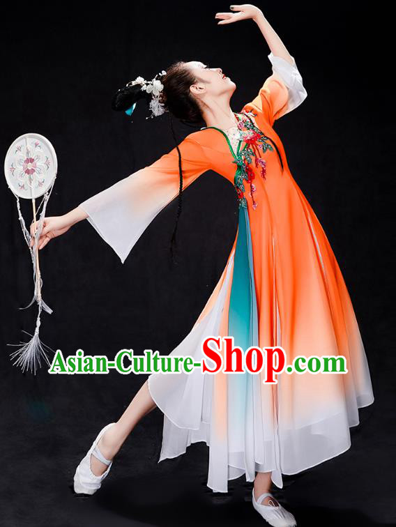 Chinese Traditional Umbrella Dance Clothing Classical Dance Costumes Woman Solo Dance Orange Dress