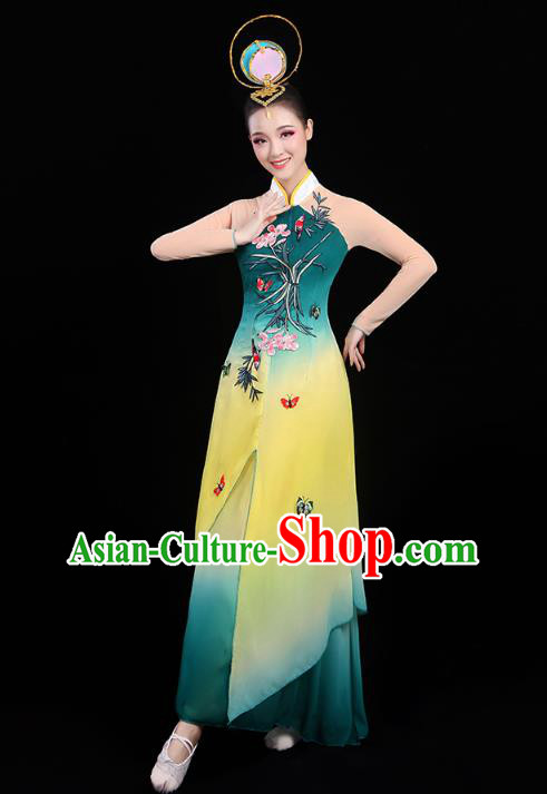 Chinese Umbrella Dance Embroidered Orchids Green Dress Traditional Performance Clothing Classical Dance Costumes