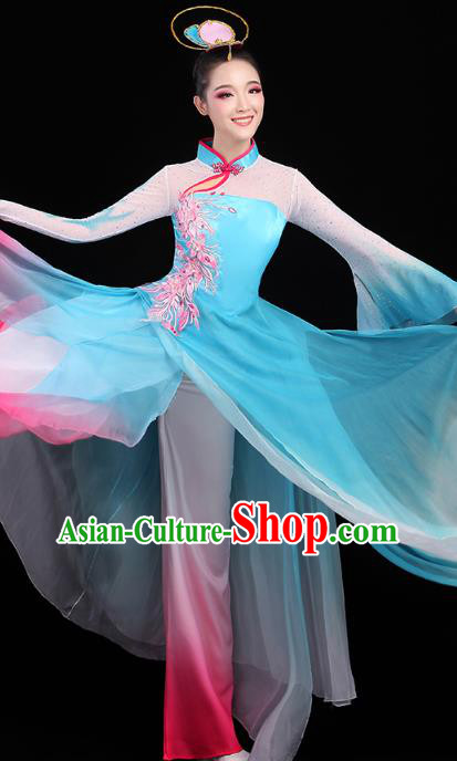 Chinese Classical Dance Costumes Umbrella Dance Embroidered Blue Dress Traditional Performance Clothing