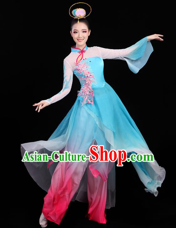 Chinese Classical Dance Costumes Umbrella Dance Embroidered Blue Dress Traditional Performance Clothing