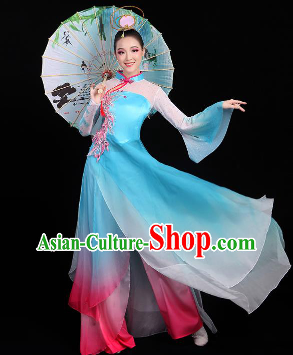 Chinese Classical Dance Costumes Umbrella Dance Embroidered Blue Dress Traditional Performance Clothing