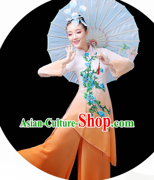 Chinese Umbrella Dance Orange Outfits Traditional Fan Dance Performance Clothing Classical Dance Costume