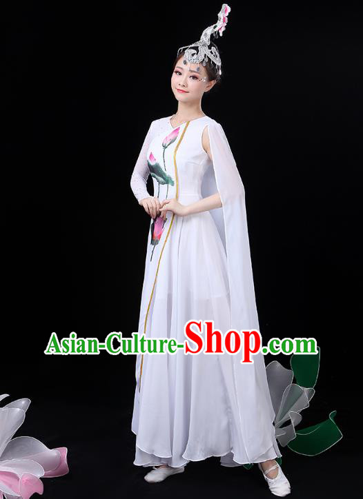 Chinese Umbrella Dance White Dress Traditional Lotus Dance Performance Clothing Classical Dance Costume