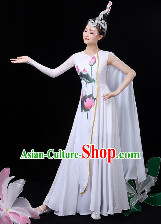 Chinese Umbrella Dance White Dress Traditional Lotus Dance Performance Clothing Classical Dance Costume