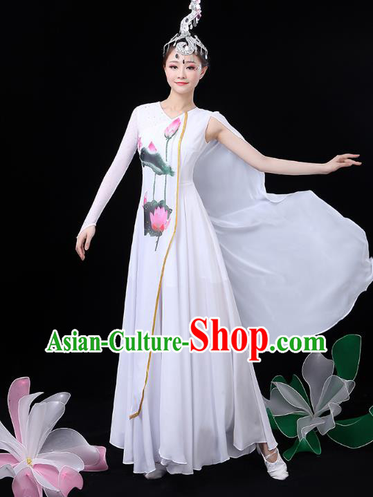 Chinese Umbrella Dance White Dress Traditional Lotus Dance Performance Clothing Classical Dance Costume