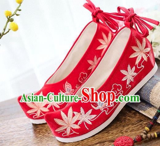 China Traditional National Woman Shoes Embroidered Maple Leaf Shoes Handmade Wedding Red Cloth Shoes