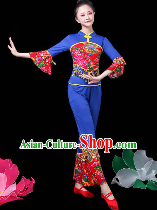 China Jiaozhou Yangko Dance Royalblue Uniforms Fan Dance Clothing Folk Dance Costume