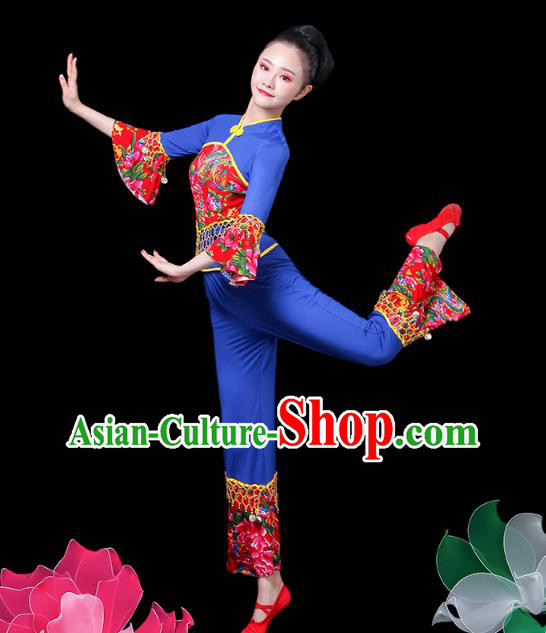 China Jiaozhou Yangko Dance Royalblue Uniforms Fan Dance Clothing Folk Dance Costume
